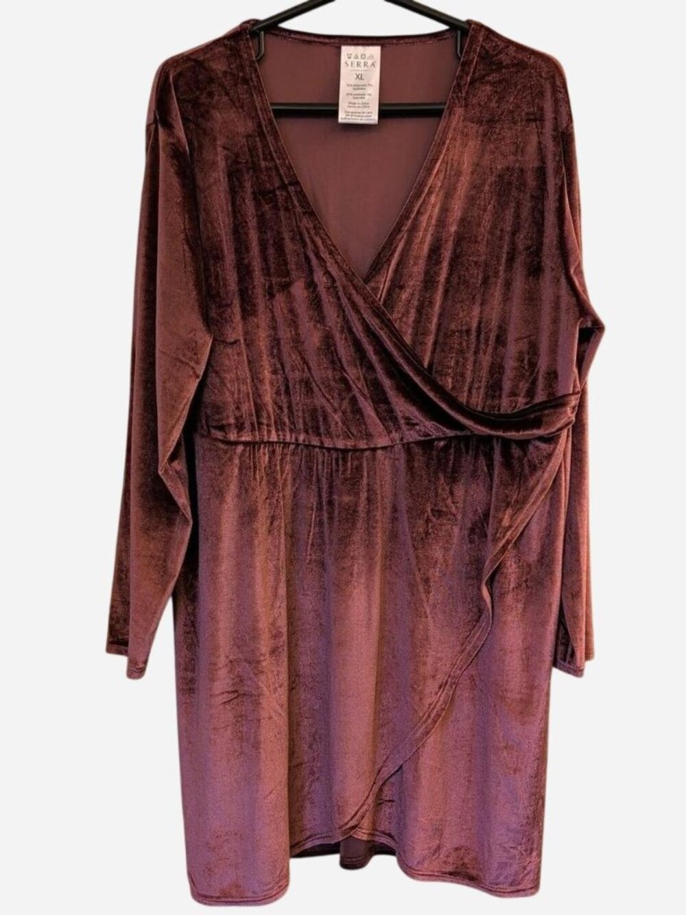 Serra Plum Stretch Velvet Wrap Dress Size XL Long Sleeve Midi Evening Dress